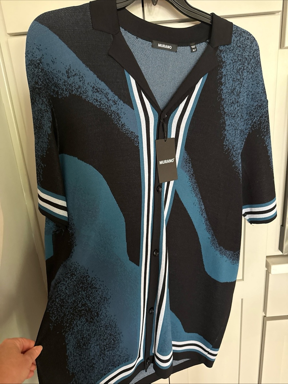 Murano Mens XLT Blue Black Retro Abstract Knit Button Front Camp Polo Shirt NWT
